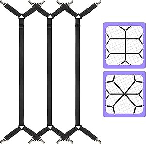 Bed Sheet Straps,3 PCS Secure and Sheet Holder Straps for Full Size Beds,Adjustable Crisscross Fitted Sheet Clips,Black