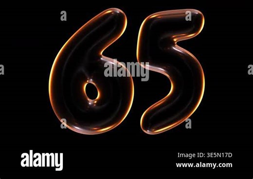animation of glowing number 65 with light and reflections isolated on black background in 3d rendering.