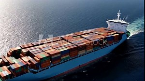Aerial view of a large loaded container ship cruising across the open sea. video showcasing massive container ship fully loaded with cargo as it smoothly sails across the vast blue sea. generative AI Stock Video