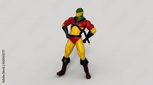 3d character superhero stands and looks around, animation, transparent background