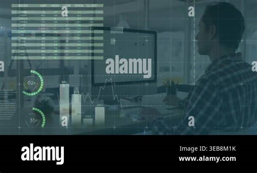 Animation of strategical business data over smiling caucasian businessman using desktop computer. Digital composite, business, analysis, multiple exposure, technology, futuristic, occupation Stock Video Footage - Alamy