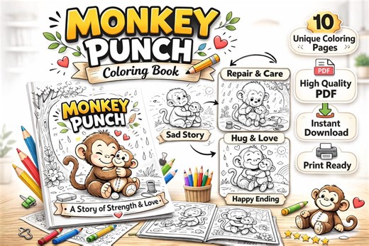 Monkey Punch Coloring Pages – Baby Story, Printable PDF (10) - Etsy