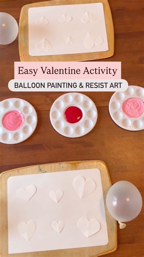 This easy Valentine resist art activity invites toddlers and preschoolers to paint using balloons instead of brushes. The squeezing and tapping motions help strengthen hand and finger muscles, support fine motor development, and build hand-eye coordination. Using red and pink paint encourages sensory exploration, creativity, and color mixing, while the taped heart shapes create a simple resist effect and a fun surprise once removed. A great Valentine activity that blends intentional setup with c