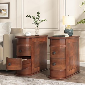 Finmind Solid Wood End Table Set of 2, 2-Drawer, Fully Assembled, Walnut