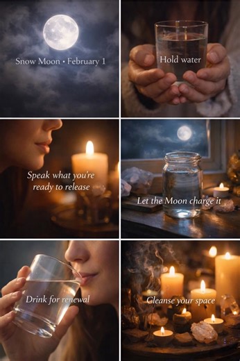 Snow Moon Ritual - February 1st ❄️ This powerful Snow Moon opens a sacred gateway of purification, rebirth, and fresh beginnings. A time to clear the old and make space for what’s ready to emerge 🌕 ✨ Simple Moon Ritual ✨ 💧 Hold a glass of water 🗣 Speak aloud what you are ready to release 🌕 Place the water under the moonlight to charge 💦 Drink with intention for renewal and clarity 🕯 Cleanse your space to welcome new energy This moon gently clears old cycles so new life, intentions, and mag