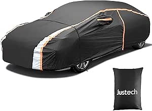 Justech Car Cover Waterproof All Weather, Outdoor Heavy Duty Full Exterior Covers with Reflective Strips, Rain UV Snow Dust Protection Universal Fit for Sedan Length 186 inch - 193 inch, Black
