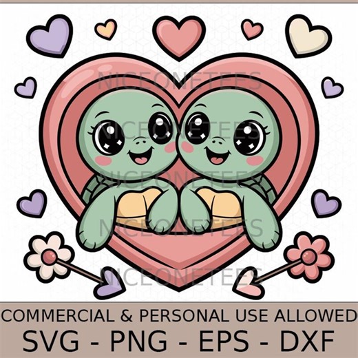 Two Cute Turtles Sharing Heart-shaped Shell Valentine Cartoon Svg Png - Etsy