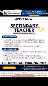 🌟 OPPORTUNITIES FOR SAUDI ARABIA | APPLY NOW! 🇸🇦📚 MEC International Manpower Resources Inc. is now accepting applications for teaching positions in Saudi Arabia. Qualified and motivated educators are encouraged to apply and take the next step in their international teaching career. ⭐ Available Positions: ✅ Homeroom Teacher ✅ Secondary Teacher ✅ Assistant Teacher 📩 How to Apply: Send your application to mec.generalrecruitment@gmail.com 📌 Email Subject Format: POSITION – SAUDI ARABIA – NAME 