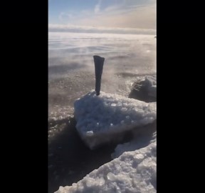 Frozen pants stand upright near the sea in Chicago, USA