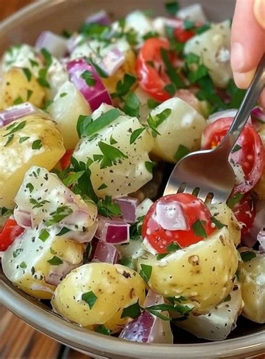 🥔 Creamy Potato Salad with Tomatoes & Parsley Ingredients 500 g (1 lb) baby or new potatoes (small, waxy variety) 1 cup cherry tomatoes, halved ½ small red onion, finely diced ¼ cup fresh parsley, chopped 1 tbsp olive oil (extra virgin) 2 tbsp mayonnaise (or Greek yogurt for a lighter version) Full Recipe in Coʍmеոτ | Air Fryer Daily Recipes