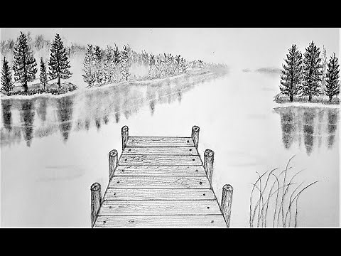 How to draw a dock in 1 point perspective in misty lake landscape