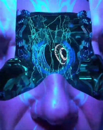 Cyberpunk android character's head opens to reveal a glitchy machine