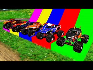 Monster Truck Water Transport with Flatbed Trailer - Potholes vs Monster Trucks | BeamNG Drive #149