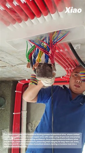 DIY Traditional Tinning Process for Electrical Wires: Dipping Wires into Solder on The Ceiling