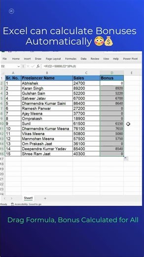 Auto Bonus Calculation in Excel 💰 (IF Function Trick) #excel #spreadsheetmagic #productivity