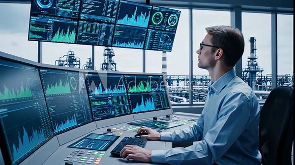 Male industrial engineer working on a computer in a modern control room with multiple displays, monitoring data from a large oil and gas refinery facility visible through the window