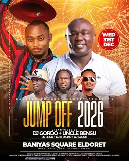 This is not just a night. This is a moment. This is how 2026 begins. ✨🔥 JUMP OFF 2026 at Baniyas Square Eldoret where the year doesn’t quietly change… it EXPLODES. Urban sounds. Familiar faces. Loud laughter. Hands in the air, smiles everywhere, music that pulls everyone to the floor. This is where friends meet, strangers become family, and memories are made. From the first beat to the last cheer, the energy stays UP. If you know, you know — this is the place to be. Come early. Stay late. Feel 
