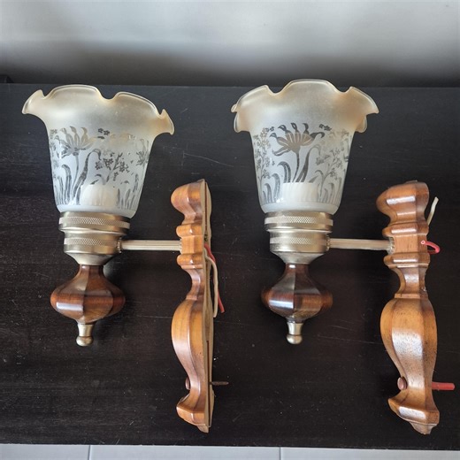 Pair of Vintage Wooden Wall Sconces With Glass Light Shades - Etsy Australia