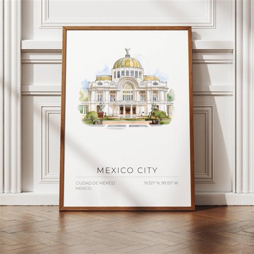 Mexico City Travel Poster, Architectural Watercolor Print With Golden Dome, City Landmark Wall Art, UNFRAMED - Etsy