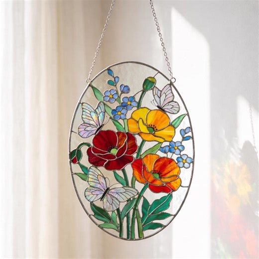 Handmade Stained Glass Flower Butterfly Suncatcher, Iridescent Floral Window Hanging Home Decor - Etsy