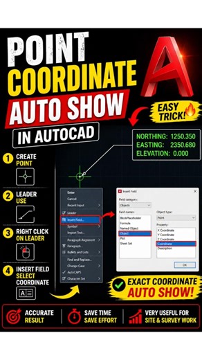 AutoCAD Point Coordinate Show Trick | Insert Field Tutorial #autocad #shorts #survey #coordinate