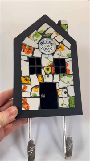 A sweet little house mosaic, made with one of my favorite Homer Laughlin china patterns..perfect for hanging keys and leashes and blessing your nest. $39..stop in today and see what else is new | Fly Me Home
