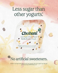 Here's to less. Chobani® Less Sugar Greek Yogurt Crunch has less sugar than other mix-in yogurts*. | Chobani