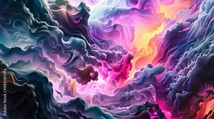 A digital rendering of abstract clouds in shades of blue and purple, with a glowing topaz center, Abstract shapes resembling clouds morphing into complex algorithms