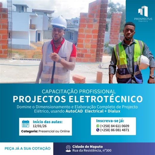Prospectus Engenharia on Instagram: "Este é um curso de capacitação da PROSPECTUS ENGENHARIA que engloba matérias do sector da electricidade, desde o dimensionamento até as peças desenhadas usando o software AutoCAD Electrical e Dialux. Ao findar o curso o participante terá conhecimento de: • Princípios gerais da electricidade; • Concepção de projectos eléctricos para instalações residências e prediais; • Dimensionamento de cargas, dispositivos de protecção, etc; • Normas e padrões usados na ele