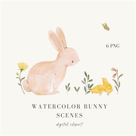 Watercolor Bunny & Chicks Clipart: Floral Nursery Art (PNG) - Etsy UK