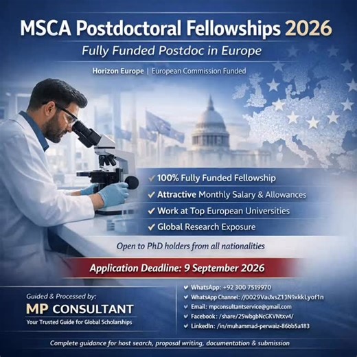 MSCA Postdoctoral Fellowships 2026 – Fully Funded Postdoc in Europe One of the most prestigious and competitive postdoctoral funding programs in Europe is now open under Horizon Europe. The MSCA Postdoctoral Fellowship 2026 is a golden opportunity for PhD holders who want to build a strong international research career, work at top European universities, and gain global academic exposure with full financial support. This fellowship offers: • Full European Commission funded salary • Mobility and 