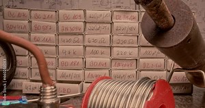 Electronics workshop with parts, soldering iron and voltmeter.