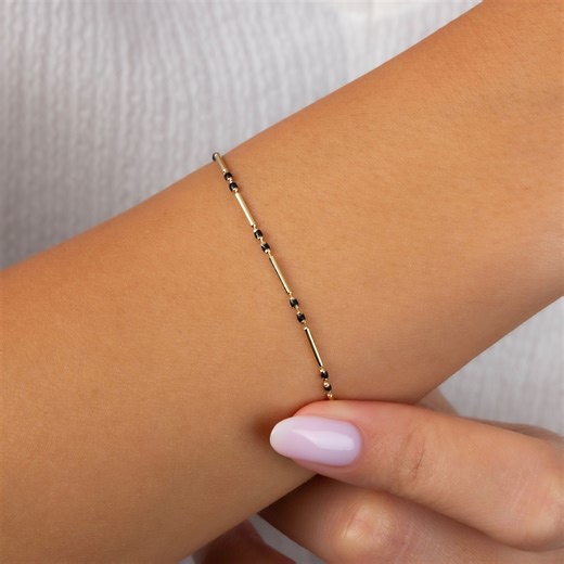 Black Onyx Beaded Bar Bracelet, 14K Solid Gold Sterling Silver, Enemal Bracelet - Etsy