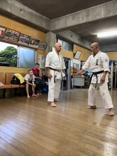 Higa Masaharu Shorin ryu karate Yomitan dojo Okinawa demonstrating bunkai with Korovin Nikolay