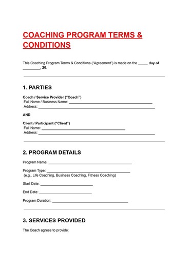 Coaching Program Terms DOC PDF, Coaching Agreement Template - Etsy