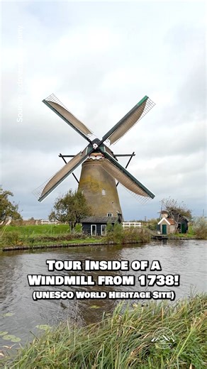 What do you think of this incredible windmill & home in the Netherlands built in 1738? 🇳🇱 These windmills were designed & built in the 1700s as a solution to pump out water from the Netherlands (most of which is below sea level) & claim back flooded land. Through the use of these windmills & strategically designed canals, the Dutch have been able to divert water upstream out of their "flood zones" & into rivers that run into the sea. Inside, the windmill features 3 levels, with the kitchen/liv