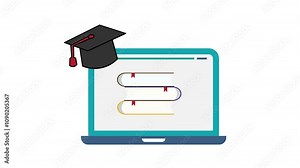 E-learning and Education Concept Animation for Online Course Advertising and Virtual Studies. Illustration animated of Laptop Screen with Books and Graduation Cap. Copy space