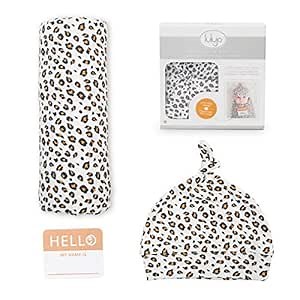 Lulujo Birth Announcement Hat & Swaddle Blanket Set| Unisex Softest Bamboo Viscose Muslin Baby Swaddle Blanket|Receiving Blanket | 47in x 47in| Leopard