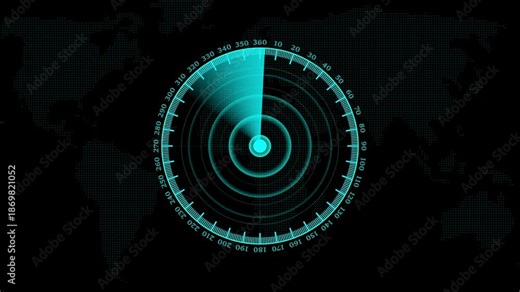 Futuristic radar screen loop with circular grid and scanning beam, digital surveillance HUD interface showing target detection and loading animation