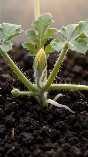 Whole life cycle of watermelon seed, satisfying timelapse from sprouting, blooming to tiny ripemelon