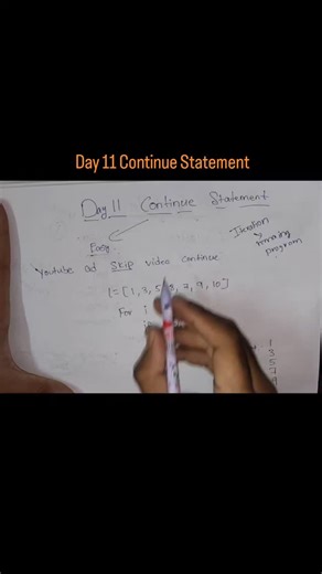 Nagababu Balla | FlashCoders⚡⚡ on Instagram: "Day 11 in python series Continue statement Programming lo continue statement ante loop ni stop cheyyadu. Current iteration ni skip chesi, direct ga next iteration ki vellipothundi. Real-life example (YouTube Ads): Manam YouTube videos chustunnappudu madhyalo ads vastayi. Manam em chestham? Skip Ad button click chestham. YouTube app close cheyyam. Video watching aapam. Just aa ad ni skip chesi, next part of the video continue chestham. Programming lo 