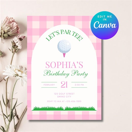 Golf Let's Par Tee Digital Birthday Editable Invitation Instant Download | Pink and Green - Etsy