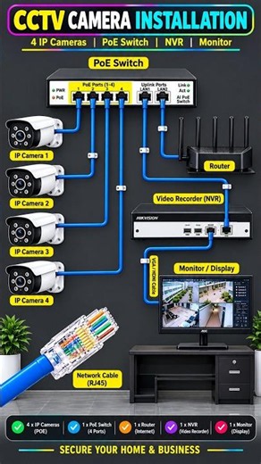 CCTV Camera Installation Wiring Diagram 📹 | 4 IP Cameras + PoE Switch + NVR # short video