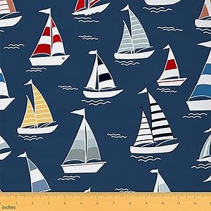 Sailboat Upholstery Fabric by The Yard, Nautical Ocean Theme Decorative Fabric for Upholstery and Home DIY Projects, Marine Sea Adventure Waterproof Outdoor Fabric, 1 Yard, Navy Blue
