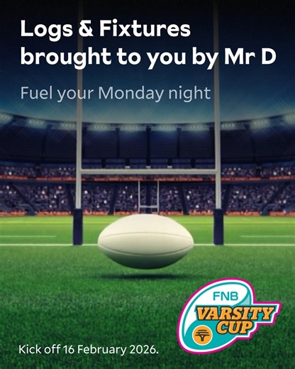 From res to the stands - check Logs & Fixtures by Mr D. FNB Varsity Cup starts 16 Feb 2026! 🏈🏆 #DisForDone #JustMrDit #EffortlessConvenience | Mr D