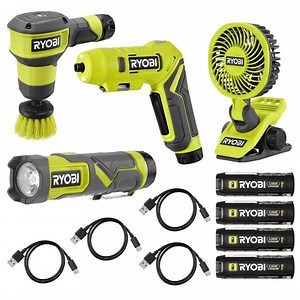 RYOBI USB Lithium Cordless 4-Tool Combo Kit with Screwdriver, Fan, Scrubber, Flashlight, (4) 2Ah Batteries, and Charging Cords FVL51K-FVD50K-FVG51K-FVF51K
