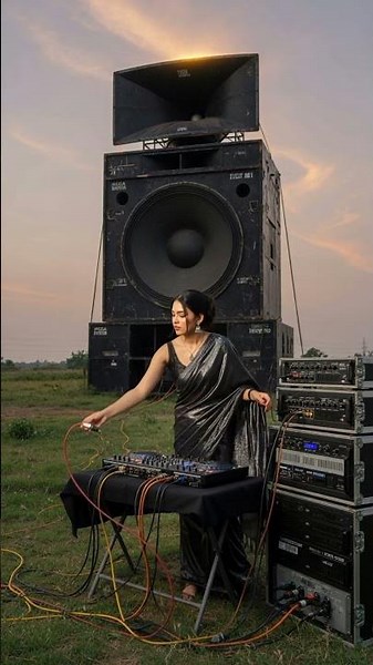 A beautiful girl in a black saree set up a huge sound box.