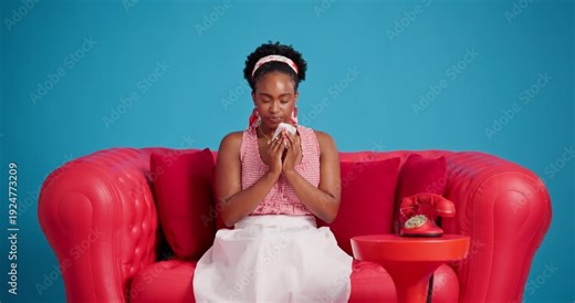 Tissue, sneeze and black woman on sofa in studio, sick and influenza symptoms on blue background. Illness, toilet paper and African person on couch, disease and allergy season with nasal inflammation