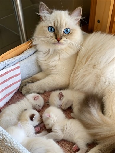 Proud Mother Himalayan Cat Watches Over Her Kittens