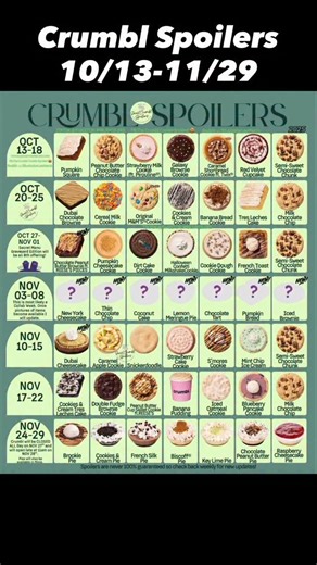 Snackfoodmafia on Instagram: "New #crumbl #spoilers 10/13-11/29 if I get that mystery week updated I’ll post it #cookies #cakes #pies #halloween #thanksgiving #ophelia #taylorswift"